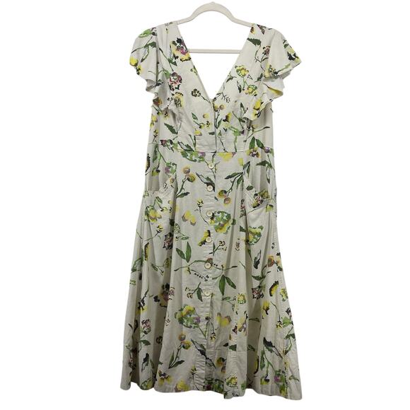 Tanya Taylor Size 8 Inez Dress Linen Blend Floral Ruffle Flutter Sleeves Cream - Picture 1 of 12